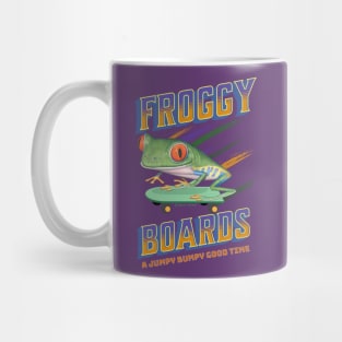 Cute and Funny Froggy Boards with a Red eyed Tree Frog riding a skateboard having a jumpy bumpy good time Mug